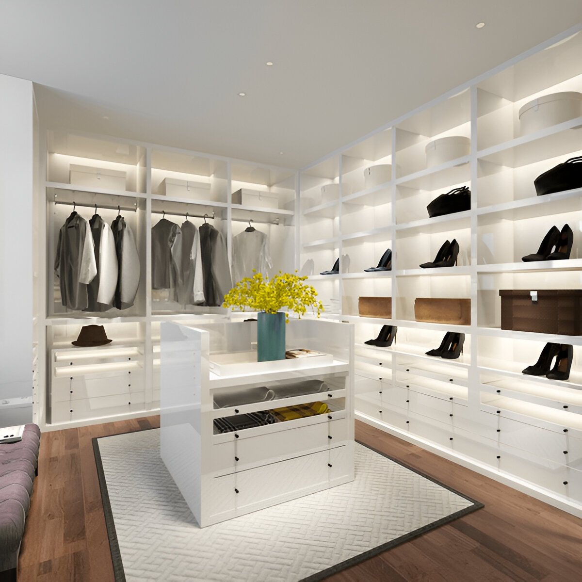 Master walk-in wardrobe with custom shelving, drawers, and organized storage